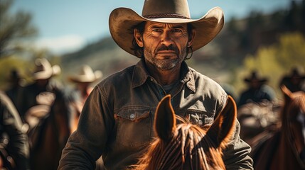 Portrait of a cowboy in the foreground with other cowboys behind.