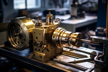 Fototapeta premium A brass nozzle shines brightly among other mechanical parts in a well-illuminated workshop