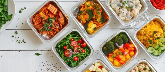 A simulated diet plan showcasing nutritious meals delivered by a healthy restaurant. Featuring natural and organic fitness nutrition options served in foil boxes on a white wooden surface.
