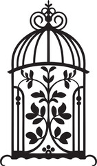 Silhouette of a bird cage decorative with leaves, Black wall decals with flying birds in cage, minimalistic decorative art for interior