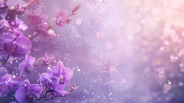 Orchid flowers with glitter bokeh background. Copy space.	
