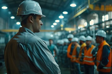 Worker in white helmet giving instructions in factory surrounded by fellow workers on a noisy shop floor. Concept Factory Work, White Helmets, Team Communication, Shop Floor, Industrial Setting - obrazy, fototapety, plakaty