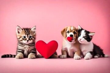 Cute little kitten and puppy playing with red heart on pink background 