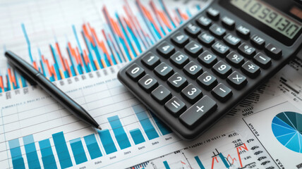 Naklejka na ściany i meble Financial accounting stock market graphs, pen, analysis calculator