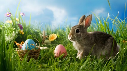 easter bunny with easter eggs - obrazy, fototapety, plakaty