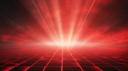 Fotobehang Red grid floor line on glow neon night red background, Synthwave vaporwave retrowave cyber background poster, rollerwave, technological design, shaped canvas, smokey fog cloud wave background. © ribelco