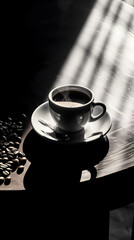 A Monochromatic Display of a Steaming Cup of Black Coffee Garnished with Coffee Beans on a Rustic Wooden Table