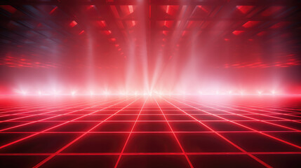 Red grid floor line on glow neon night red background, Synthwave vaporwave retrowave cyber background poster, rollerwave, technological design, shaped canvas, smokey fog cloud wave background. - obrazy, fototapety, plakaty