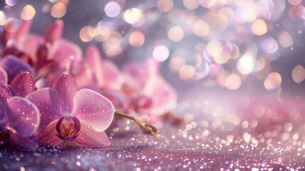 Orchid flowers with glitter bokeh background. Copy space.	
 - obrazy, fototapety, plakaty