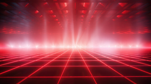 Red grid floor line on glow neon night red background, Synthwave vaporwave retrowave cyber background poster, rollerwave, technological design, shaped canvas, smokey fog cloud wave background.
