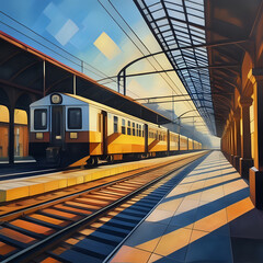 Cubist painting of a backlit train station with bright colors and realistic textures - generated by ai - obrazy, fototapety, plakaty