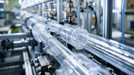 Foto op Canvas At a bustling factory automated machines carefully maneuver and transport long cylindrical tubes filled with liquid silicon. This . AI generation. © Justlight