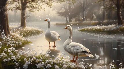 Geese by the Lakeside Amidst Misty Florals - obrazy, fototapety, plakaty