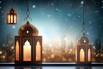 Fototapeta premium Eid mubarak and ramadan kareem greetings with islamic lantern and mosque. Eid al fitr background