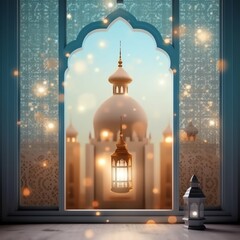 Fototapeta premium Eid mubarak and ramadan kareem greetings with islamic lantern and mosque. Eid al fitr background