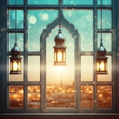Obraz premium Eid mubarak and ramadan kareem greetings with islamic lantern and mosque. Eid al fitr background