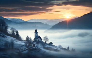 Catholic Church against the backdrop of sunrise and morning fog in the mountains. religion and christianity - obrazy, fototapety, plakaty