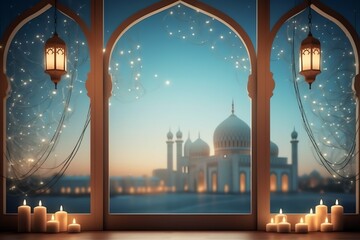 Eid mubarak and ramadan kareem greetings with islamic lantern and mosque. Eid al fitr background - obrazy, fototapety, plakaty