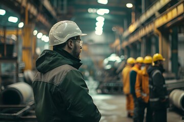 Supervisor in a factory giving instructions to workers on a noisy shop floor. Concept Factory Supervision, Noise Control, Worker Instructions, Shop Floor Management, Occupational Safety