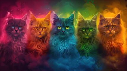 An art collage design of different cats with different colors. An abstract colorful cat portrait...