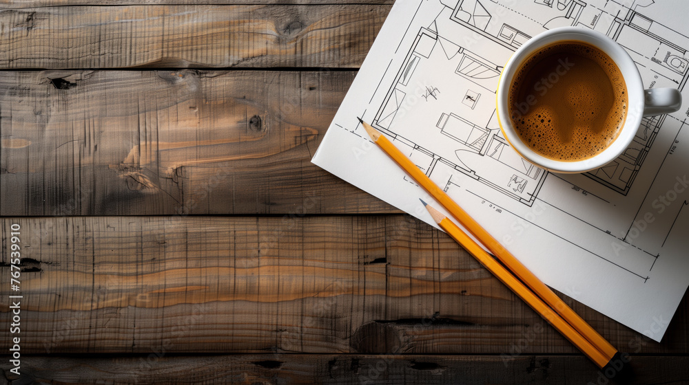 Wall mural top view of wooden table with a cup of coffee and two pencils on. cup of coffee, next to ink floor p