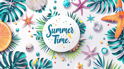 A vibrant button adorned with the words summer time sits surrounded by lush tropical leaves and colorful starfish
