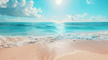 Photo sur Aluminium brossé Turquoise The sun shines brightly over the sparkling ocean waters on a sandy beach, creating a picturesque scene of tranquility and beauty