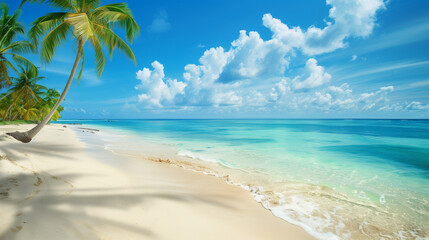 Palm trees sway in the gentle breeze as clear blue water laps at the sandy shore of a tropical...