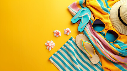 Obraz premium A stylish hat, trendy sunglasses, a soft towel, and a vibrant starfish scattered on a sunny yellow background