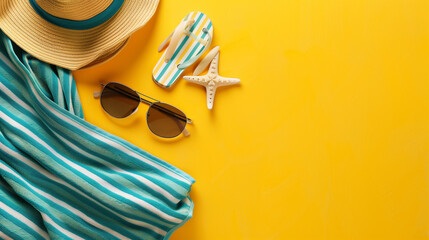 A vibrant yellow background adorned with a stylish hat, sleek sunglasses, a cozy towel, and a charming starfish creates a serene summer scene