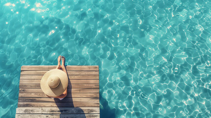 A lone figure sits peacefully on a dock, surrounded by calm water and nature, taking in the tranquility of the moment, women with hat on wooden deck and a blue ocean