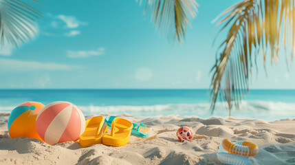 Fototapeta na wymiar A tranquil beach scene showcasing a vibrant pair of flip flops next to a colorful beach ball, evoking a sense of relaxation and fun in the summer sun