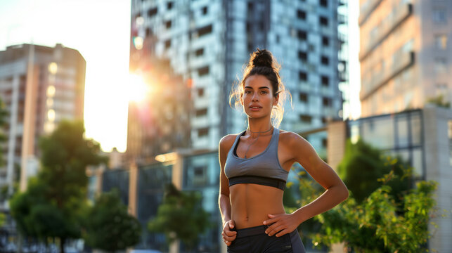 A powerful woman in a vibrant sports bra top strikes a confident pose for a picture under the bright summer sun running in the city