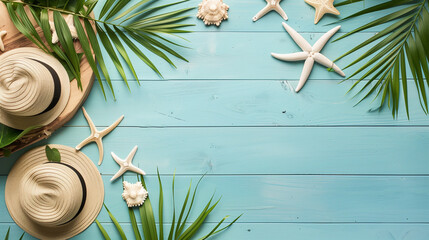 A whimsical scene featuring a hat, starfish, palm leaves, and seashells on a serene blue background summer concept