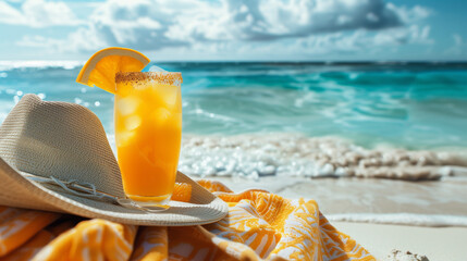 A refreshing glass of orange juice glistens in the sunlight atop sandy beach, as the waves gently crash in the background, tropical summer - obrazy, fototapety, plakaty