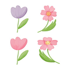 Set of cute pink and purple flowers with green leaves. Vector illustration