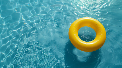 A vibrant yellow ring gracefully floats within a crystal clear pool of water, catching beams of sunlight and creating ripples, top view - obrazy, fototapety, plakaty