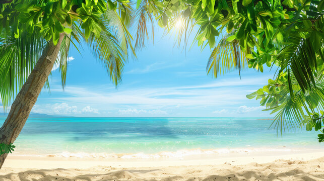 Sunlit tropical beach with palm trees swaying gently in the breeze, overlooking the azure ocean stretching to the horizon