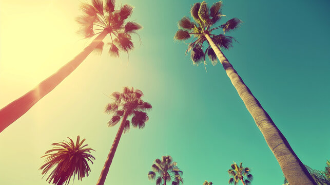 A group of tall palm trees swaying gracefully in the gentle breeze against a vibrant blue sky background, vintage retro