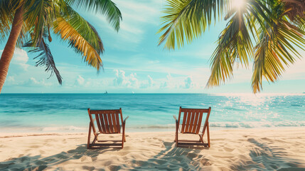 Two wooden chairs bask in the warm sunlight on a sandy beach, inviting relaxation and contemplation by the tranquil sea