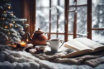 Foto op Plexiglas Winter relax at cozy home. Hot tea, teapot and book by the window.  © usman
