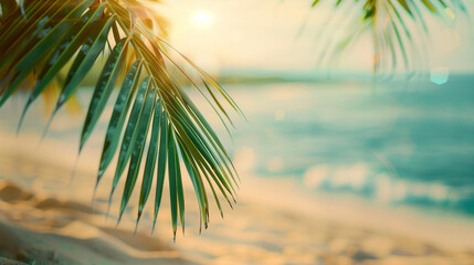 A dreamlike scene of a beach, where a solitary palm tree stands amidst gentle waves, all captured...