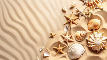 A vibrant collection of seashells and starfish scattered across a sandy beach, creating a beautiful and natural display under the warm summer sun
