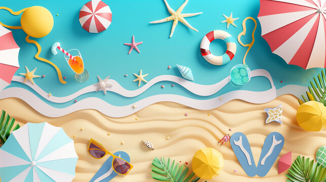 Sunlit beach scene with colorful umbrellas, scattered starfish, and other coastal items against a backdrop of sparkling ocean waves