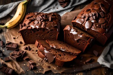 Vegan chocolate banana bread a healthy breakfast recipe sliced from the top  - obrazy, fototapety, plakaty