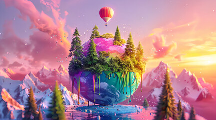D colorful planet with trees and hot air balloons, vibrant colors, dripping paint, creative. In the...