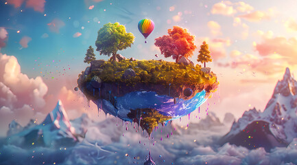 D colorful planet with trees and hot air balloons, vibrant colors, dripping paint, creative. In the...