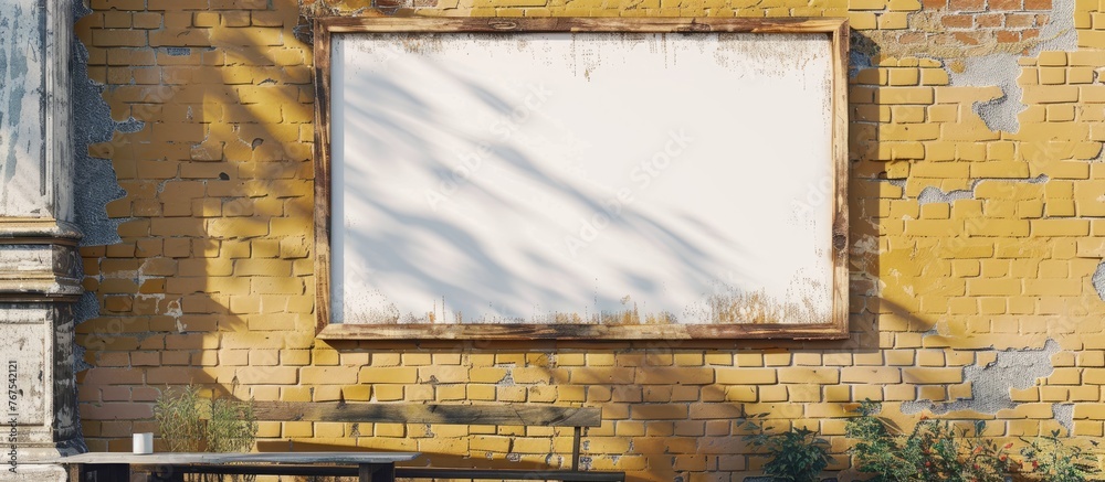 Sticker Mockup of a street store vintage signboard on a white blank surface against an aged yellow brick wall.