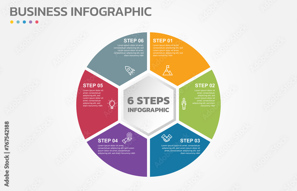 Poster Visual data presentation. Cycle diagram with 6 options. Pie Chart Circle infographic template with 6 steps, options, parts, segments. Business concept. Editable pie chart with sectors.