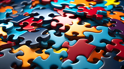 set of colored puzzles. the concept of combining different tasks into one whole. puzzle solution